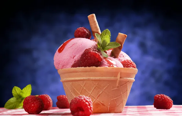 Картинка ягоды, малина, мороженое, мята, десерт, вафельный стаканчик