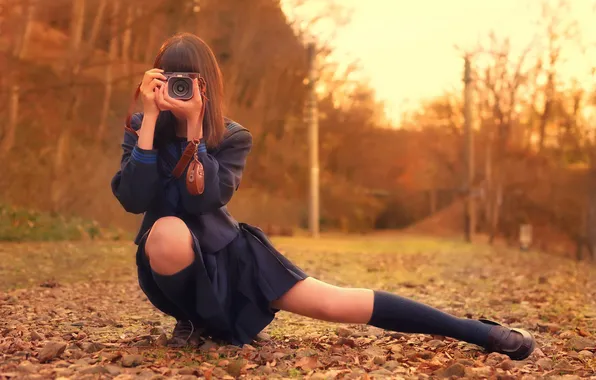 Девушка, поза, фотоаппарат