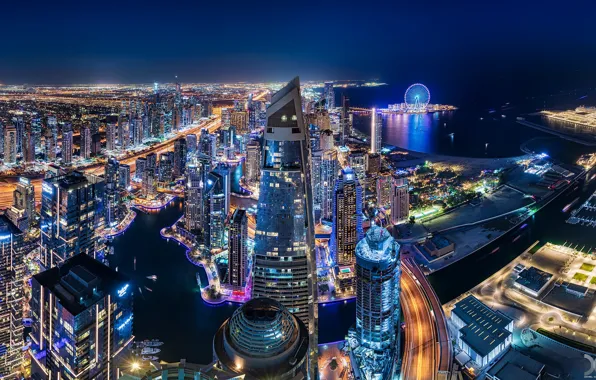Здания, дома, панорама, залив, Дубай, ночной город, Dubai, небоскрёбы