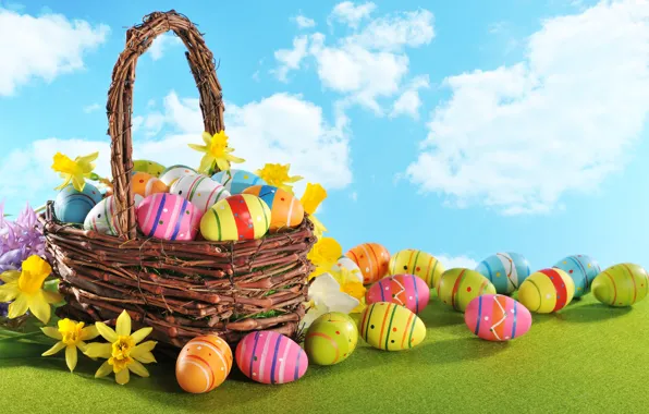Цветы, корзина, яйца, Пасха, flowers, spring, Easter, eggs