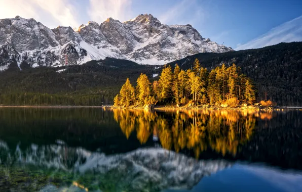 Деревья, горы, озеро, отражение, остров, Германия, Бавария, Альпы