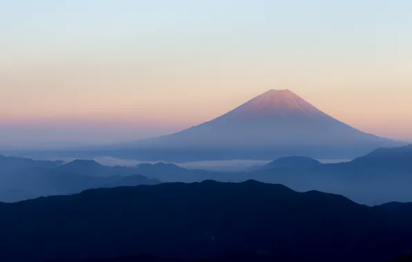 Горы, туман, рассвет, утро, вулкан, Япония, Фудзияма, Fuji