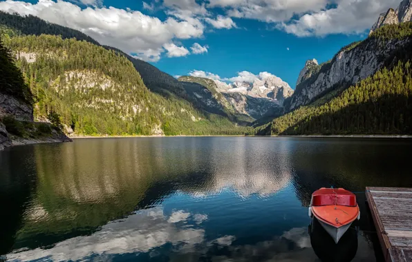 Картинка горы, озеро, лодка, Австрия, Альпы, Austria, Alps, Lake Gosau