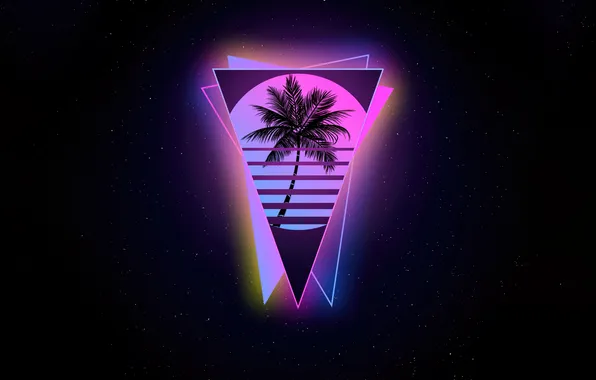 Картинка Miami, Palm tree, Triangles, Geometric, Black background, Outrun, Neon glow