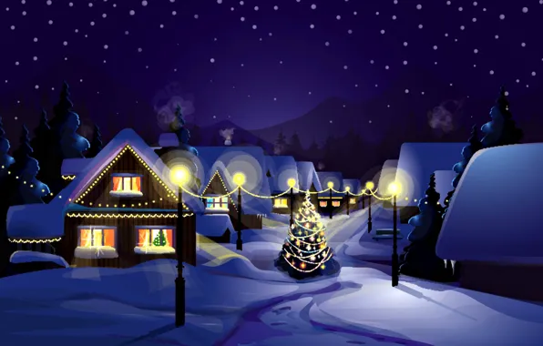 Картинка зима, снег, пейзаж, ночь, природа, праздник, елка, дома