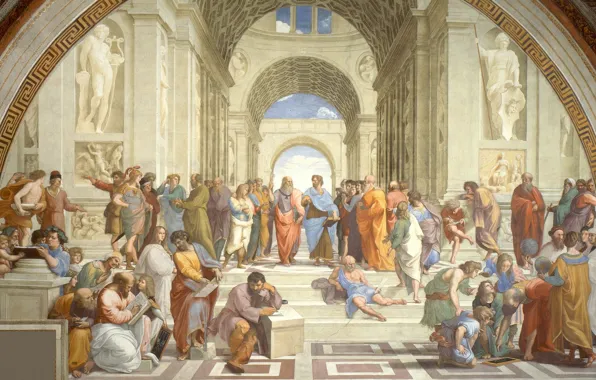 Картинка картина, искусство, Рафаэль, Зенон Китийский, Гипатия, Scuola di Atene, Гераклит Эфесский, Сократ