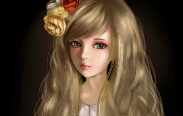 Картинка девушка, цветы, лицо, темный фон, волосы, арт