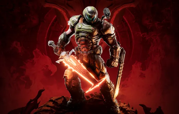 Солдат, кости, черепа, броня, красный фон, DOOM Eternal