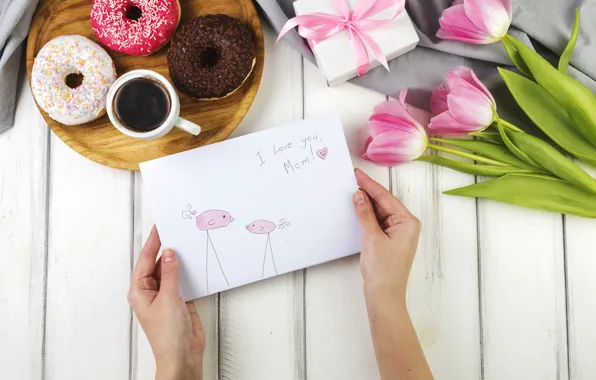 Картинка праздник, Love, тюльпаны, box, flowers, открытка, gift, coffee
