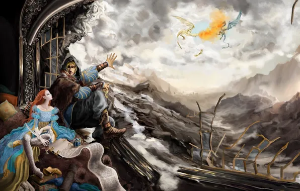 Картинка девушка, пейзаж, эльф, драконы, фэнтези, полёт, fantasy, The Elder Scrolls V: Skyrim