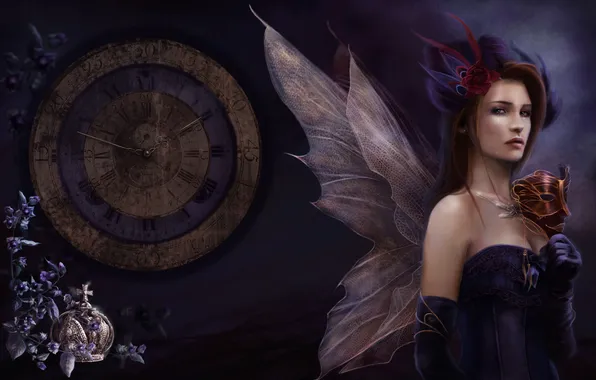 Картинка украшения, часы, Девушка, крылья, корона, маска, слезы