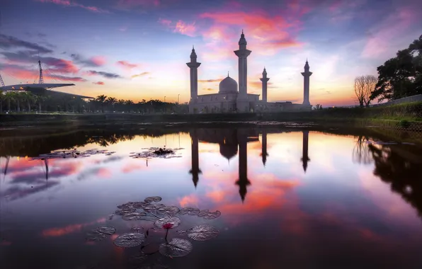 Пейзаж, озеро, рассвет, здание, архитектура, Kuala Lumpur, Masjid Tengku Ampuan Jemaah