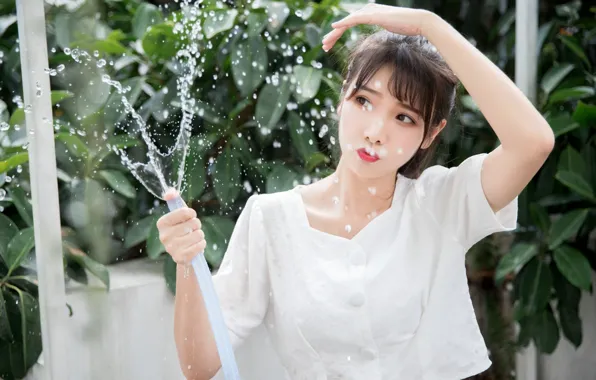 Beautiful, Asian, Model, Water, Woman, Pretty, Hose Pipe