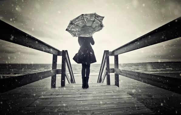 Девушка, снег, ветер, зонт