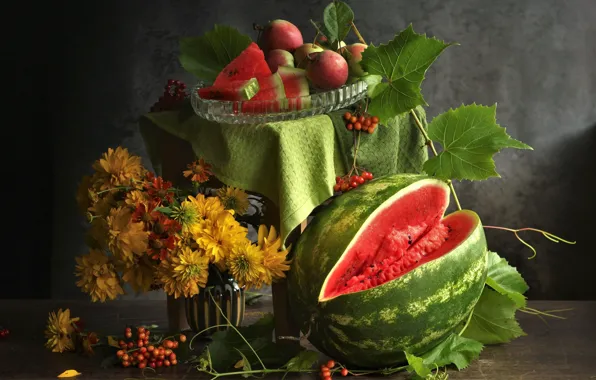 Листья, цветы, стол, яблоки, еда, букет, желтые, арбуз
