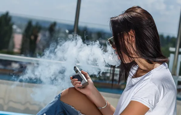 Legs, smoke, jeans, female, electronic cigarette