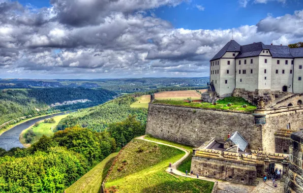 Лето, небо, облака, природа, река, замок, вид, HDR