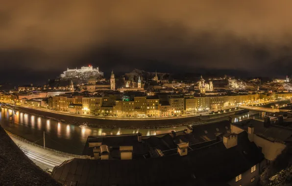 Ночь, город, Salzburg, Hohensalzburg Castle