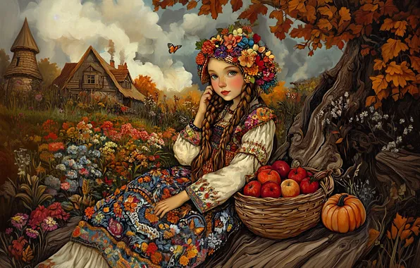 Поле, осень, облака, цветы, дом, дерево, бабочка, листва