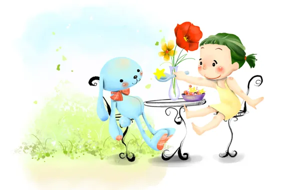Трава, цветы, улыбка, игрушка, рисунок, заяц, девочка, ваза