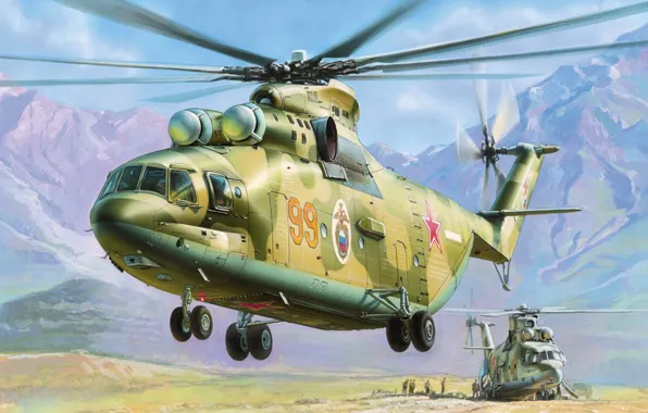 Картинка рисунок, вертолёт, советский, Жирнов, ОКБ Миля, многоцелевой транспортный, МИ-26, ВВС России