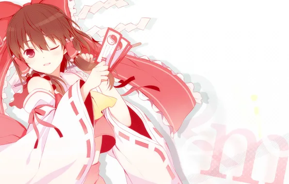Бант, touhou, подмигивание, ин-янь, карточки, hakurei reimu