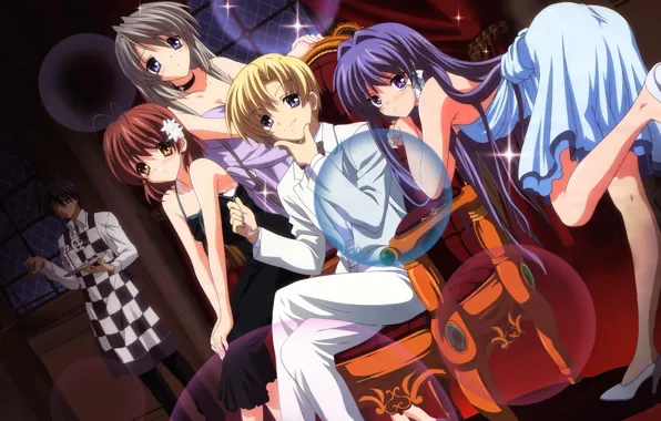 Девушки, вечеринка, Clannad, Кланнад, Nagisa Furukawa, Tomoya Okazaki, Kyou Fujibayashi, Tomoyo Sakagami