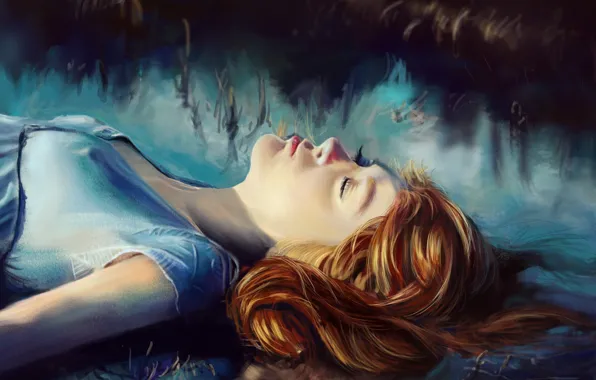 Картинка девушка, лицо, туман, волосы, арт, рыжая, живопись, закрытые глаза