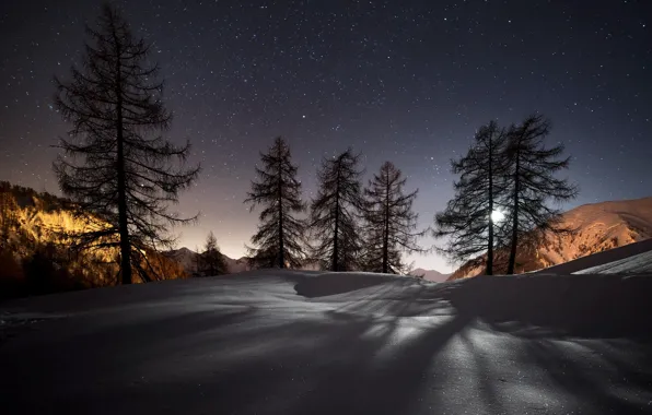 Картинка зима, звезды, снег, деревья, горы, ночь, природа