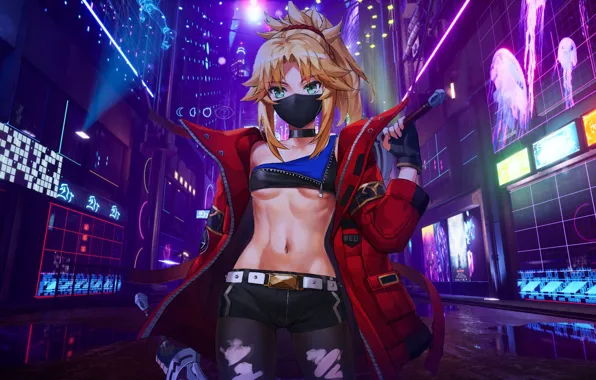Картинка sword, Anime, neon, mask, Cyberpunk, fate grand order, fate apocrypha, Saber of Red