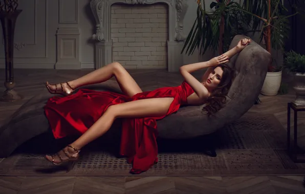 Девушка, поза, кресло, разрез, ножки, красное платье, Антон Дёмин