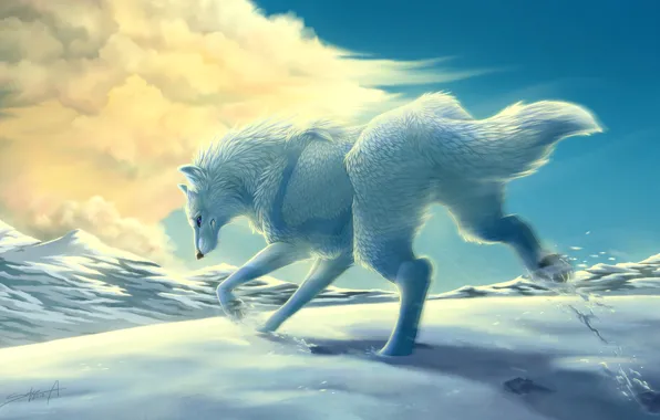 Картинка зима, белый, облака, снег, горы, движение, волк, арт