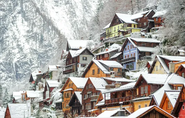 Картинка зима, снег, деревья, скалы, дома, Австрия, Hallstatt