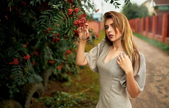 Взгляд, девушка, лицо, фото, улица, волосы, ветка, платье