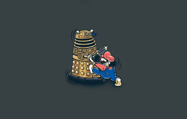 Юмор, арт, Марио, серый фон, Doctor Who, Доктор Кто, Super Mario, Mario Bros