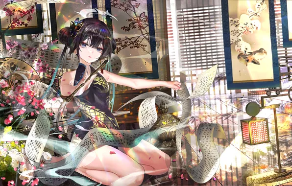 Дома, окно, картины, Аниме, Anime, чтение, свиток, Anime girls