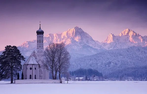 Зима, снег, деревья, горы, рассвет, утро, Германия, Бавария