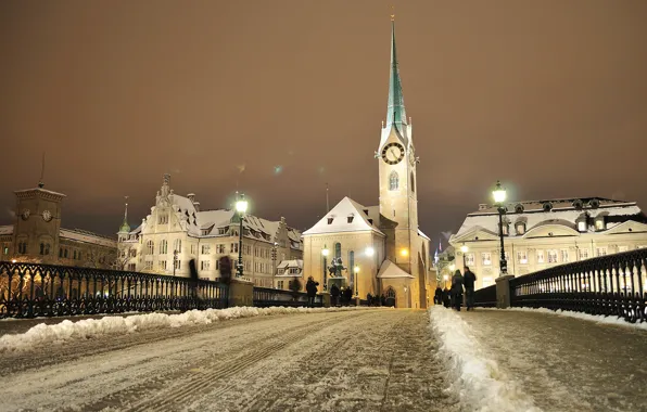 Картинка зима, снег, мост, огни, люди, башня, дома, вечер