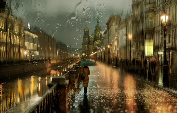 Девушка, город, огни, дождь, вечер, канал, Санкт Петербург