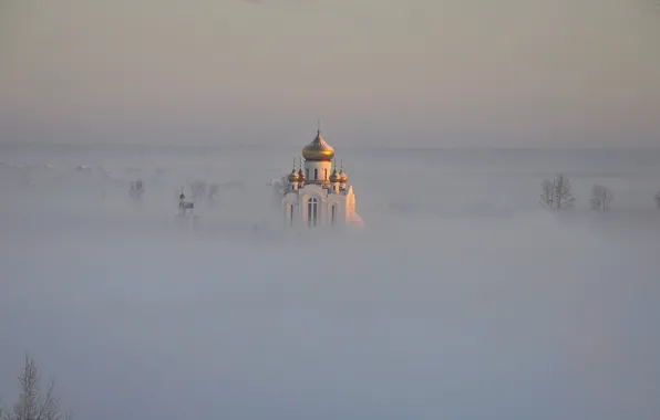 Картинка пейзаж, туман, храм, купола