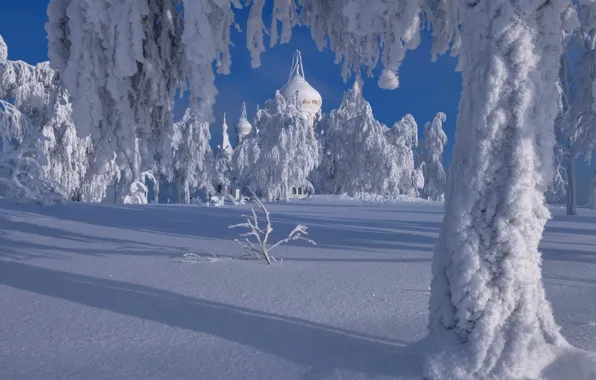 Картинка зима, снег, деревья, пейзаж, природа, церковь, тени, купола