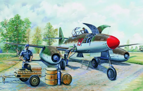 Картинка war, art, aviation, ww2, German Fighter, Messerschmitt Me262A1a, painting.jet