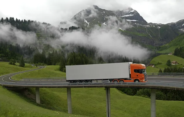 Природа, Облака, Горы, Мост, Трава, Оранжевый, Truck, Scania