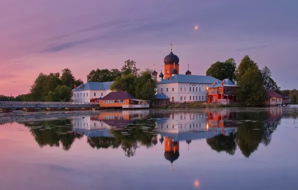 Картинка пейзаж, природа, озеро, отражение, рассвет, монастырь, купола, Свято-Введенская островная пустынь