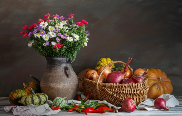 Цветы, лук, тыква, кувшин, астры