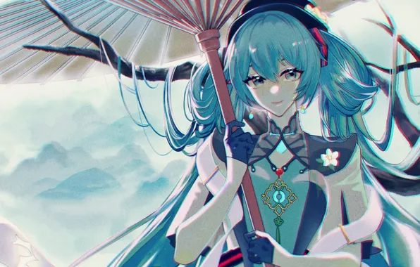 Девушка, зонт, Hatsune Miku, Vocaloid