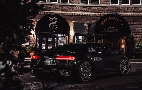 Авто, Ночь, Город, Машина, Audi R8, Car, Black, Спорткар