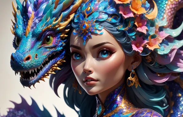 Colorful, blue eyes, face, dragon, digital art, CGI, closeup, earring