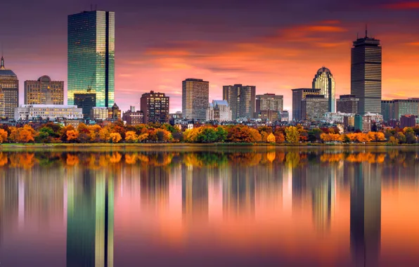 Бостон, Boston, отражение в воде, usa, осенний город