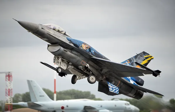 Самолёт, взлёт, F-16, боевой самолёт